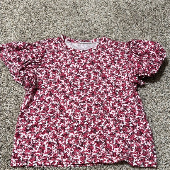 Zara Pink and White Floral Blouse With Puffy Short Sleeves - Picture 1 of 6